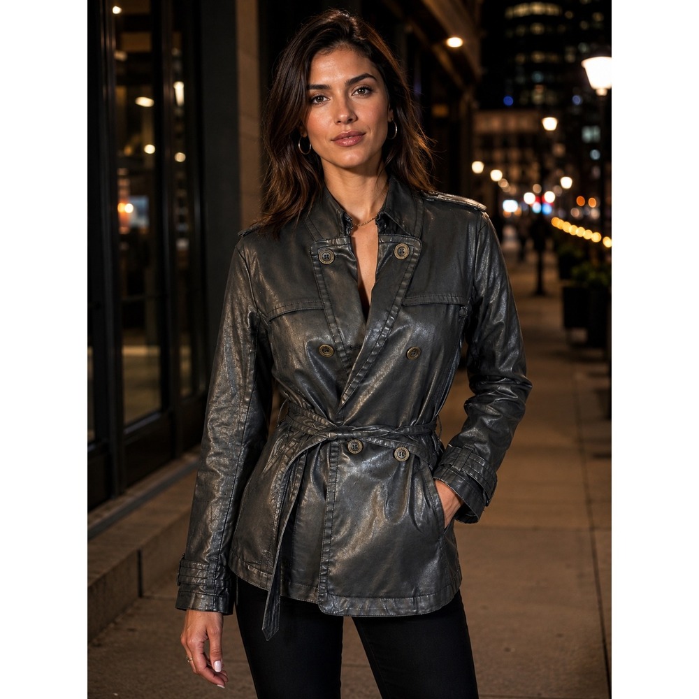 Dismero Italian Made Metallic Trench Jacket Womens 10 Belted Moto